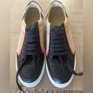 Burberry Black and Beige Sneakers with Red Accents